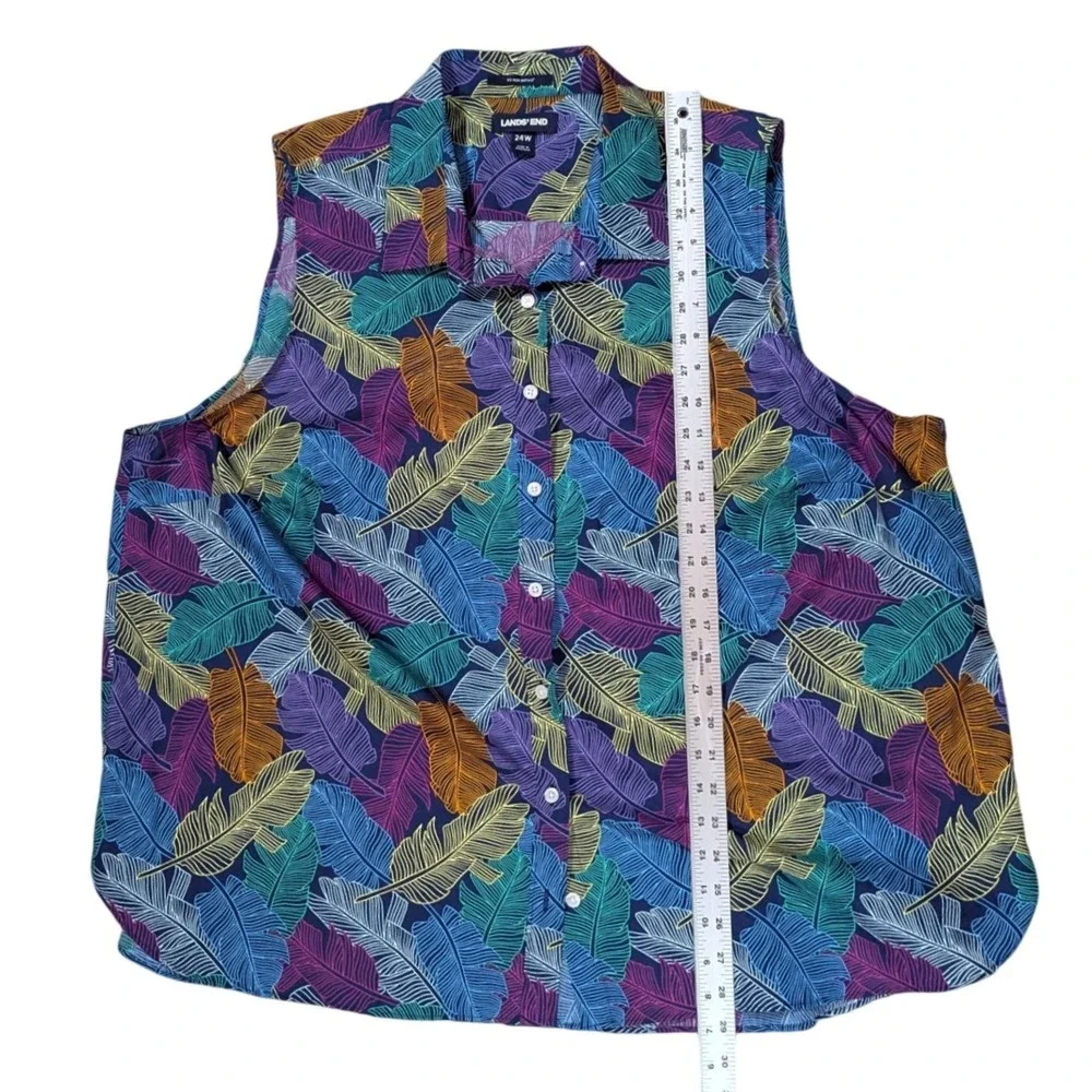 Lands End Shirt Womens 24W Blue Tropical Feather No Iron Supima Sleeveless‎ Top